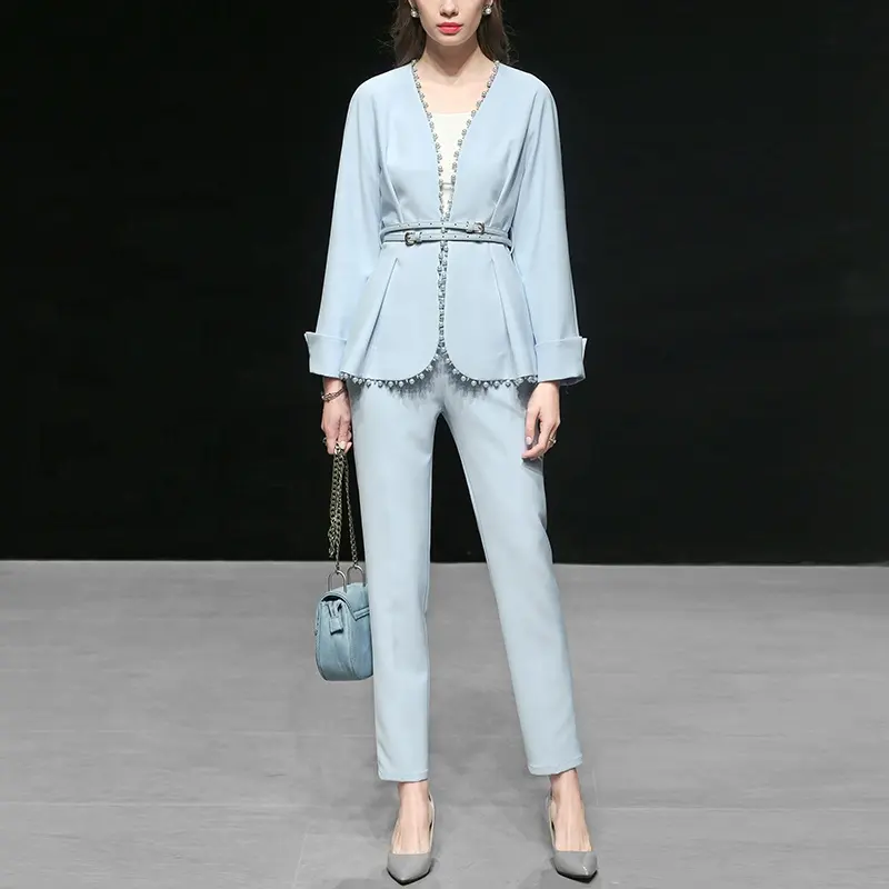 OEM Two Piece Suit Women Patchwork Pearl Lace V Collar Coat And Slim Pencil Trouser Set