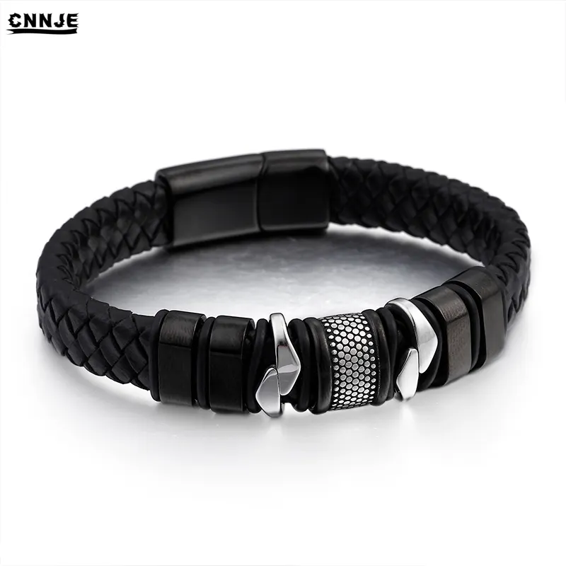 2019 New Arrivals Wholesale Jewelry Magnetic Clasp Black Braided Leather Cuff Sport Bracelet