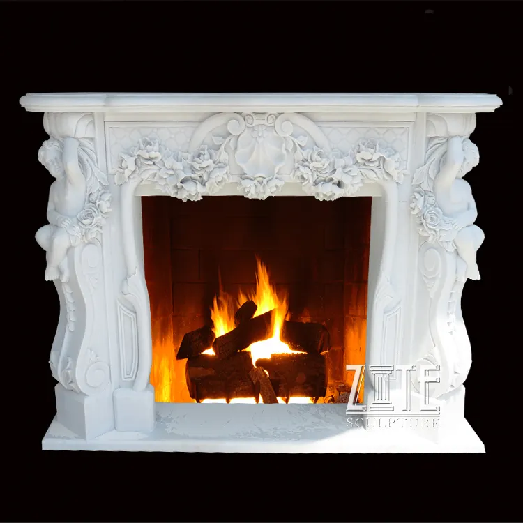 French Style Classic White Cherub Marble Fireplace Mantel With Angle Statue