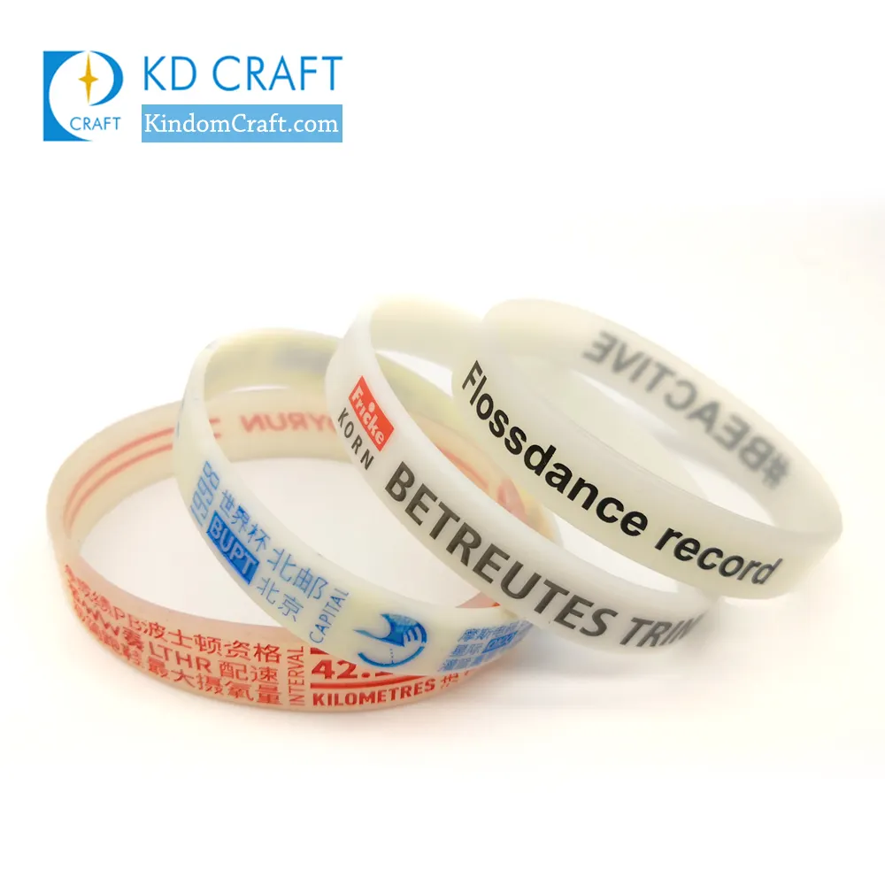 Wholesale no minimum bulk cheap logo printing luminous glowing rubber bracelet silicone glow wristband custom