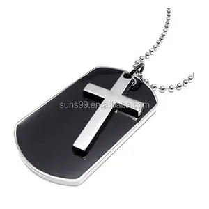 Stainless Steel Dog Tag Pendant Grosir Army Style Dog Tag Palang Pendant Mens Kalung, warna Hitam Silver, 27 Inch Rantai