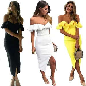 Frauen V-Ausschnitt Rüschen Gelb Schwarz Weiß Mini kleider Sommer Kurzarm Party Schulter Clubwear Bodycon Bleistift kleid