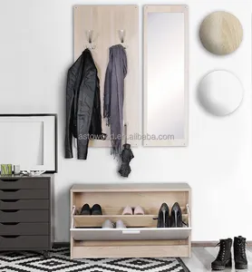 橡木和白色3合1木制鞋柜套装时尚设计镜子和外套钩