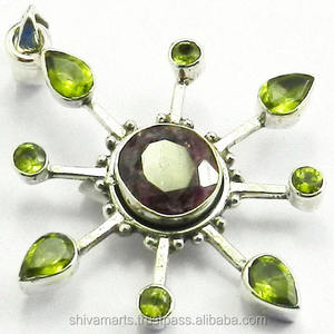 Prix de gros 925 Sterling Silver Fine Jewelry Naturel Tourmaline Péridot Multi Gemstone Pendentif Vintage Style Rhodium Placage - Product Image 2