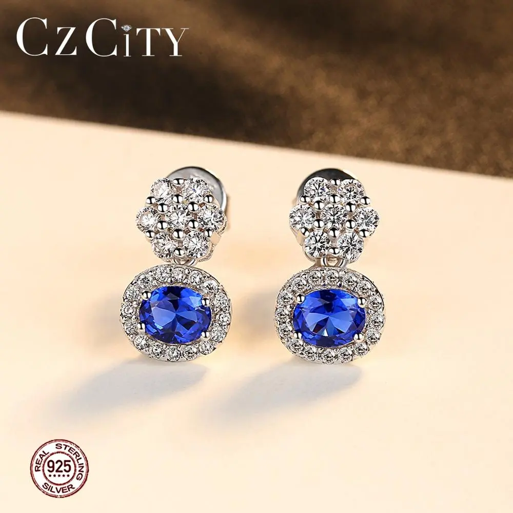 Czcity brincos stud azuis, para mulheres, luxo, prata 925, transparente, cristal, brincos pequenos de flores, fábrica, venda direta
