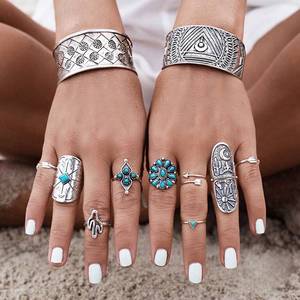SR-27 Vintage Boho Bijoux 9 pièces Flèche Triangle Géométrique <span class=keywords><strong>Camée</strong></span> Turquoise Ensemble de Bague En Alliage - Product Image 1