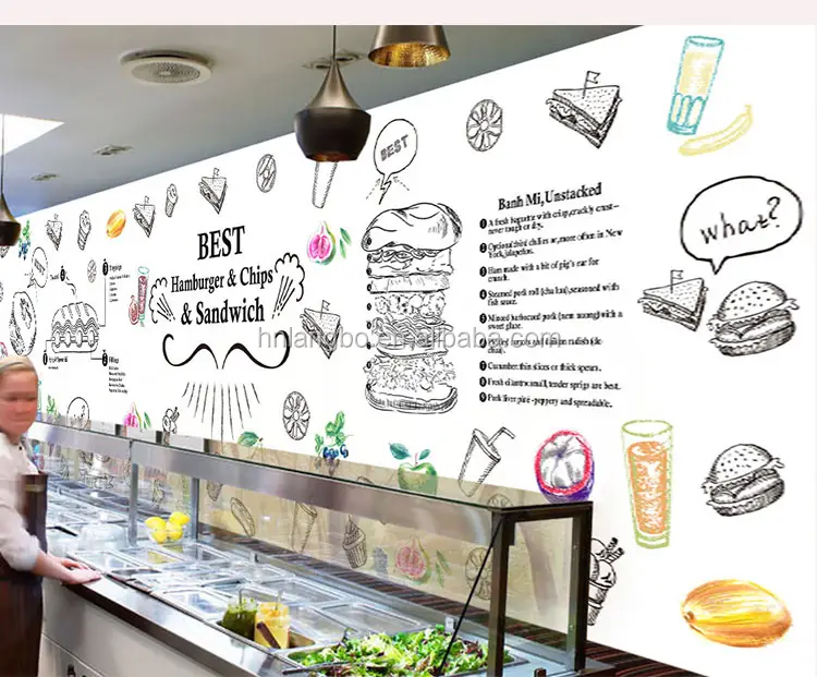 มือวาดการ์ตูนแฮมเบอร์เกอร์ Western สไตล์วอลล์เปเปอร์ Fast Food Restaurant Snack Bar Tea Shop วอลล์เปเปอร์ภาพจิตรกรรมฝาผนัง