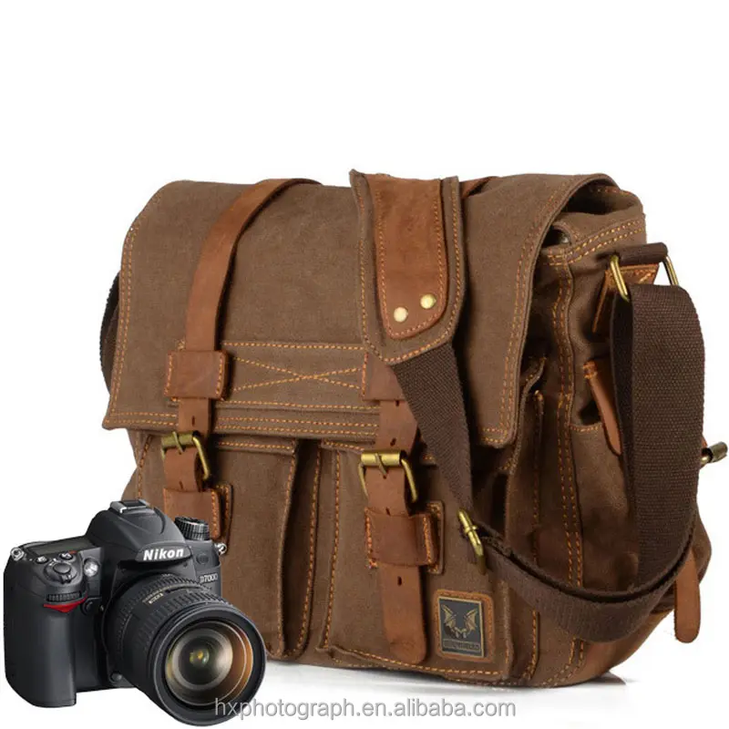 Hot sell Portable Fashionable DSLR Vegan Leather Waterproof Canvas Sling Camera Bag with Insert Bag