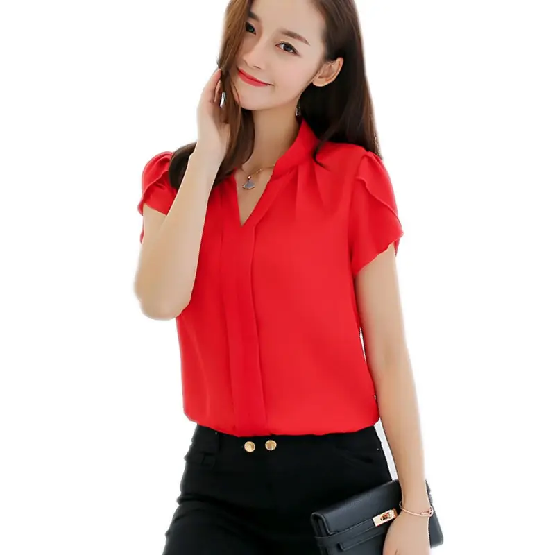 8 renk kadın artı boyutu kısa kollu Tops kadın bluz gömlek şifon yaz giysileri OL tarzı Eleangt resmi ofis kadın gömleği