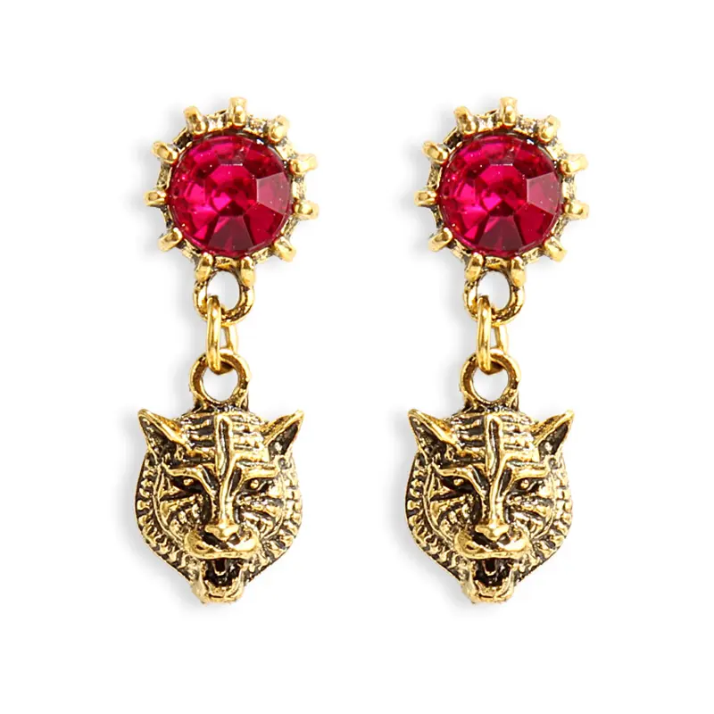African Latest Lion Head Animal Retro Crystal Jewelry Earrings For Women