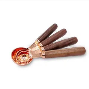 4 PCS Rose Gold Wooden Handle Stainless Steel Measuring Spoons