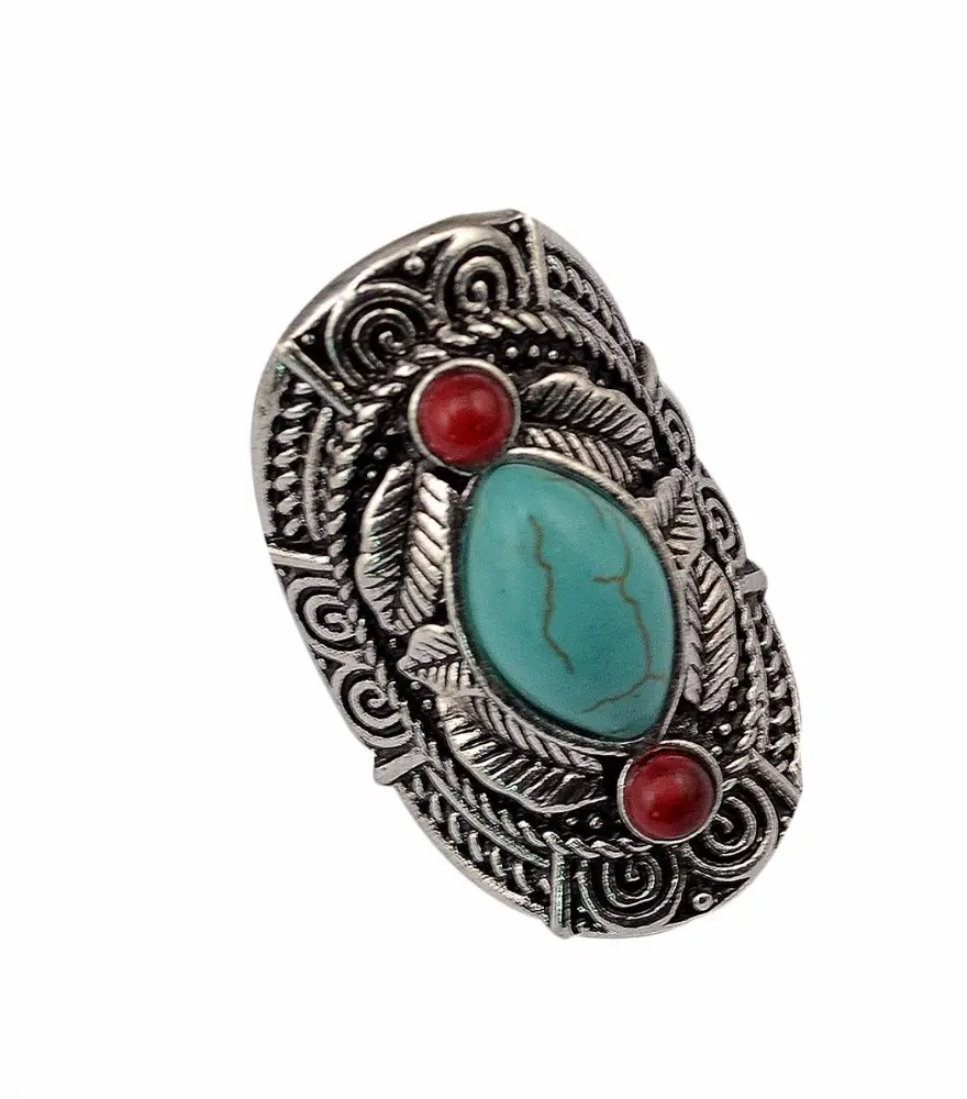 Estilo bohemio de plata de Tíbet diseño rojo turquesa gema piedra gran playa boho conjunto anillos para las mujeres