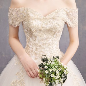 ربيع 2019 فستان زفاف ضيق بكتف مسطح على الطراز الكوري لون الشمبانيا فستان العروس الرسمي - Product Image 4