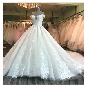 Latest Design White Sequined Long Trail Ball Gown Off Shoulders Wedding Dress