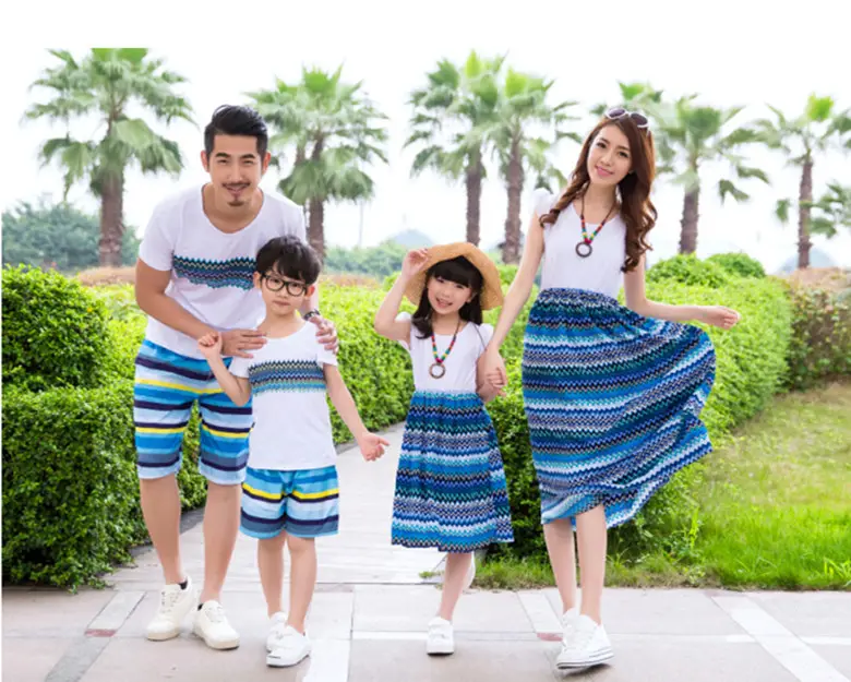Familie kleding geschikt voor ouders en kinderen zomer strand stijl o- hals korte mouw bedrukken t- shirt broek brace jurk set