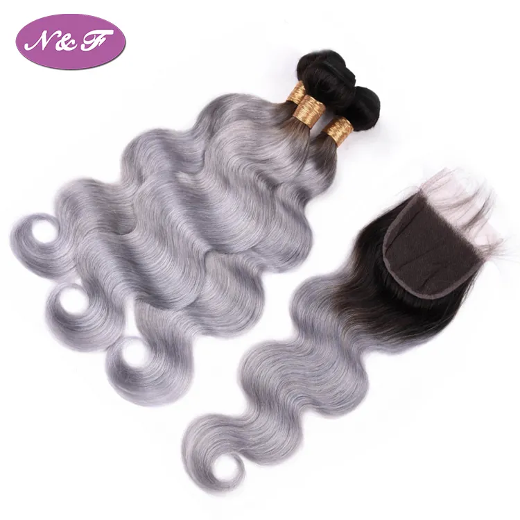 Ombre 1b silver grey cuticle aligned human hair 3 bundles brazilian body wave hair with 4*4 lace closure