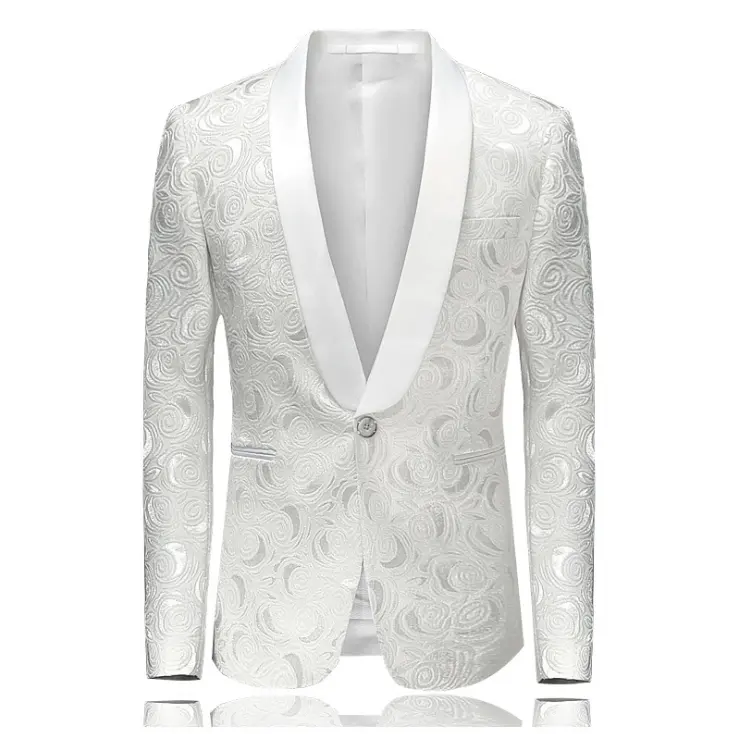 Chaqueta con estampado Floral para hombre, chaqueta ajustada con cuello chal a la moda, trajes de escenario, color blanco