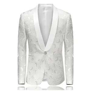 Mens Floral Printed Blazer Jacket Stage Costumes for Singers Fashion Shawl Collar Men Slim Fit Blazer White