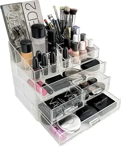 Wholesale Hot Sale Clear Cube Acrylic Makeup Organizer Storage With Upper Tray,4 Drawer Acrylic Makeup Storage Box With 20 Grids