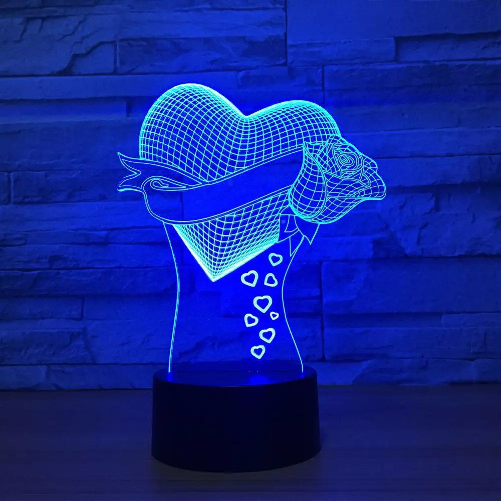 Coração 3D ilusão Lâmpada LED Rose Flores 3D 7 Alterar Cor Luz Da Noite lâmpada de Mesa De Toque Lâmpada Atmosfera de Festa de Casamento Presente