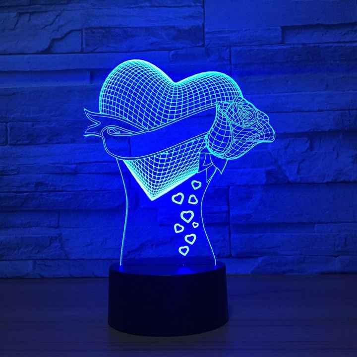 Heart 3D illusion Lamp LED Rose Flowers 3D Night Light 7 Color  