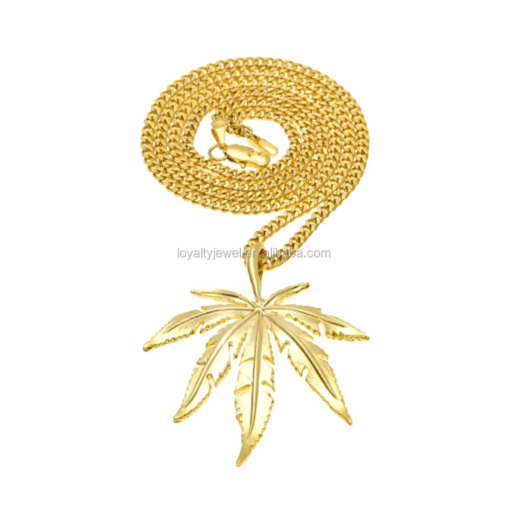 Fashionable 24K Gold Plated Weed Herb Charm Punk Necklace and Wheat Chain Hip Hop Pot Leaf Weed Small