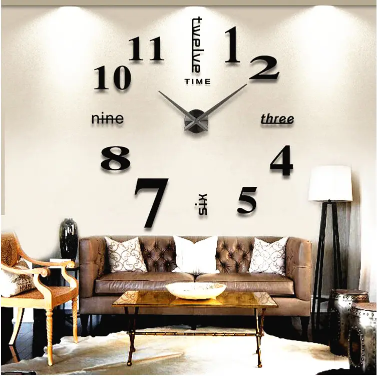 Nouveauté design moderne maison décorative autocollant mural horloge 3D sans cadre grande horloge murale bricolage