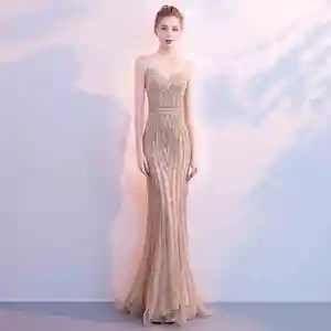 LSFFN027 champagne long dress elegant sexy fancy evening dress mermaid costume