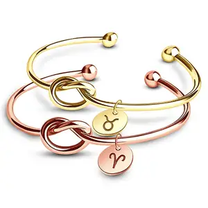 Bracelet en acier inoxydable plaqué or Rose, oem, signe du zodiaque, pièce de monnaie, nœud breloque, acier inoxydable