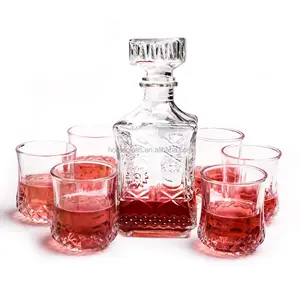 Hotsale Italia grabado de vidrio de 750ml de botella de vino w/ 6 pcs tazas de 210ml whisky decantador de vino vertedor Bar conjunto de fiesta