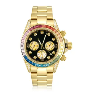 Nieuwe Merk Luxe 18K Vergulde Multicolor 3A Cz Diamond Rvs Heren Polshorloge