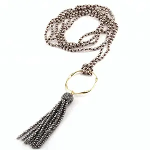 Women Fashion 150cm Mini Copper beads Knotted Big Metal ring Crystal Glass beads Tassel Necklace