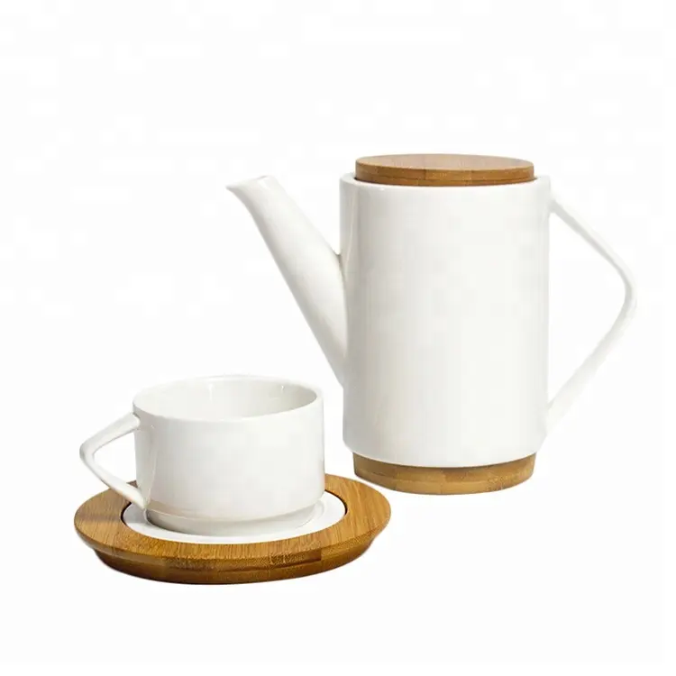 Factory direct sell wooden base design turkish white glazed ceramic tea set for adults