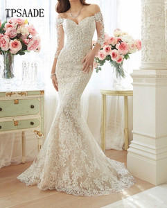 Appliques Illusion abito da <span class=keywords><strong>sposa</strong></span> <span class=keywords><strong>sirena</strong></span> a tre quarti manica offerta bottoni sulle spalle strascico cappella abito da <span class=keywords><strong>sposa</strong></span> 2025 WF074 - Product Image 1
