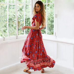 A Vita alta Floreale Con Scollo A V Boho delle Donne Maxi Abito <span class=keywords><strong>Manica</strong></span> <span class=keywords><strong>Corta</strong></span> Split Lace UP Wrap <span class=keywords><strong>Vestiti</strong></span> <span class=keywords><strong>Lunghi</strong></span> Delle Donne 2019 di Estate abiti da spiaggia - Product Image 5