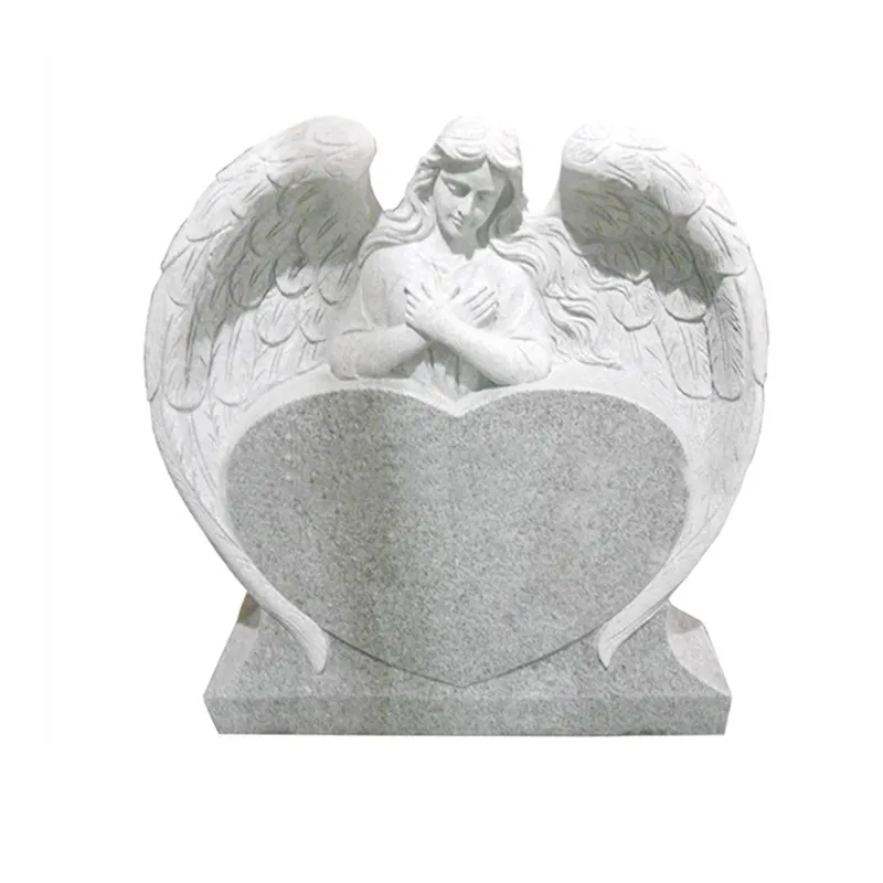 Granit putih patung hati malaikat lukisan Headstone desain monumen harga dengan sayap malaikat