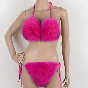 中国工厂热卖蓬松女装毛皮胸罩女士夏季时尚真正的狐狸毛皮丁字裤比基尼