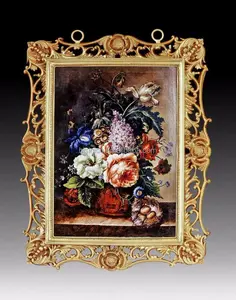 Antique Copper Frame Hand Painted Ceramic Floral Wall Hanging Mural