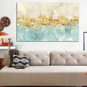 Pintura al Óleo Abstracta Pintada a Mano por un Artista sobre Lienzo, <span class=keywords><strong>Colores</strong></span> Azul Claro, Pintura al Óleo Abstracta Dorada Moderna para Decoración Artística - Product Image 3