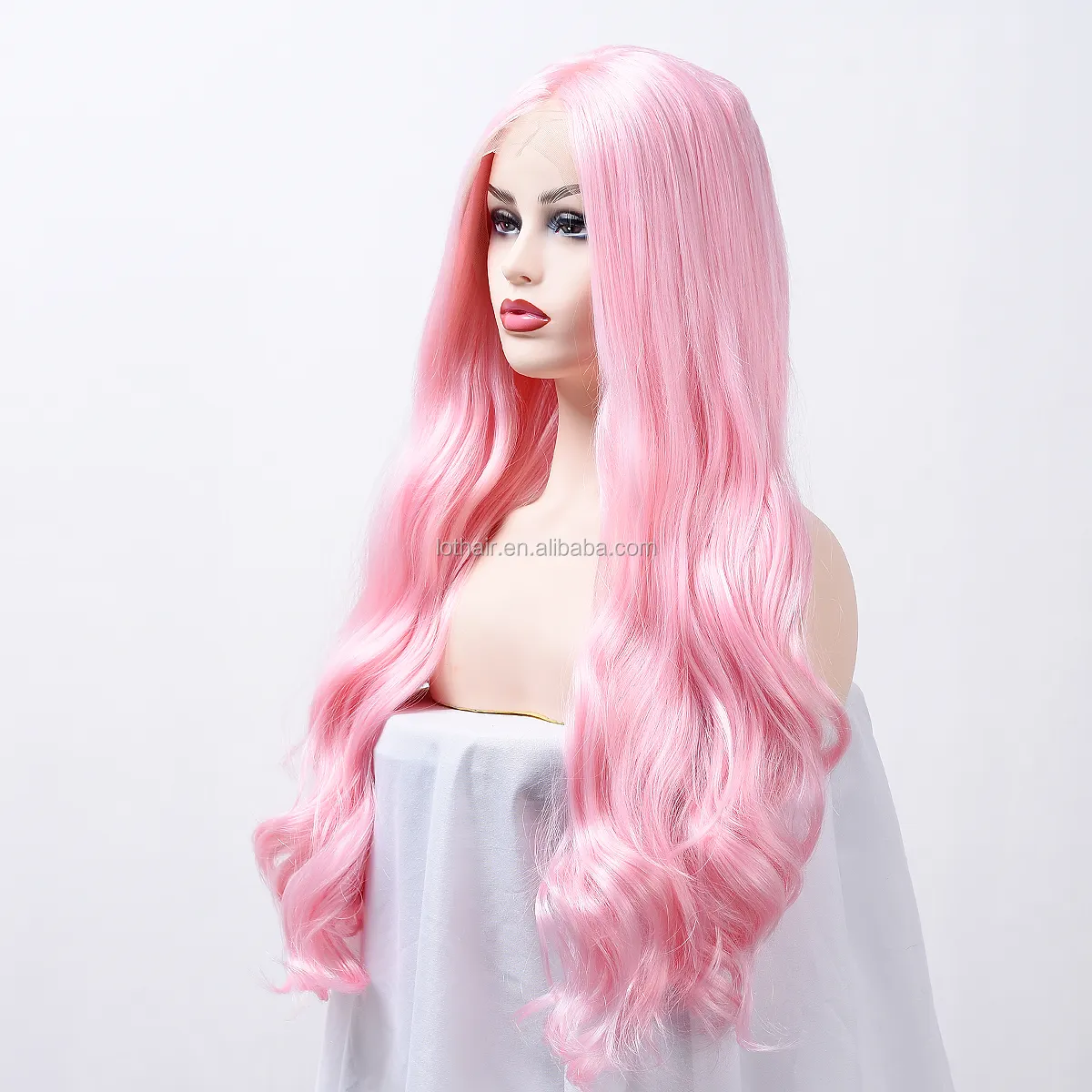 Peluca de cabello sintético liso para mujer, postizo de encaje frontal, color rosa