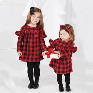 Top sales baby girl maniche lunghe maniche a foglia di loto rosso <span class=keywords><strong>gonna</strong></span> <span class=keywords><strong>scozzese</strong></span> per il vestito di natale - Product Image 1