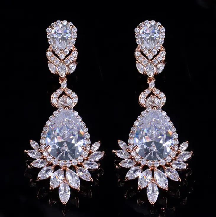 High Quality Cubic Zirconia Rose Gold Color Big Long Dangle Drop Bridal Wedding Earrings Jewelry for Women