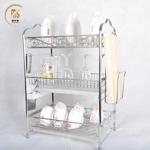 Kitchen Hardware 3-Tiers Stainless Steel Dish Drying Rack / Plate Bowl Drainer Rack With Plastic Tray