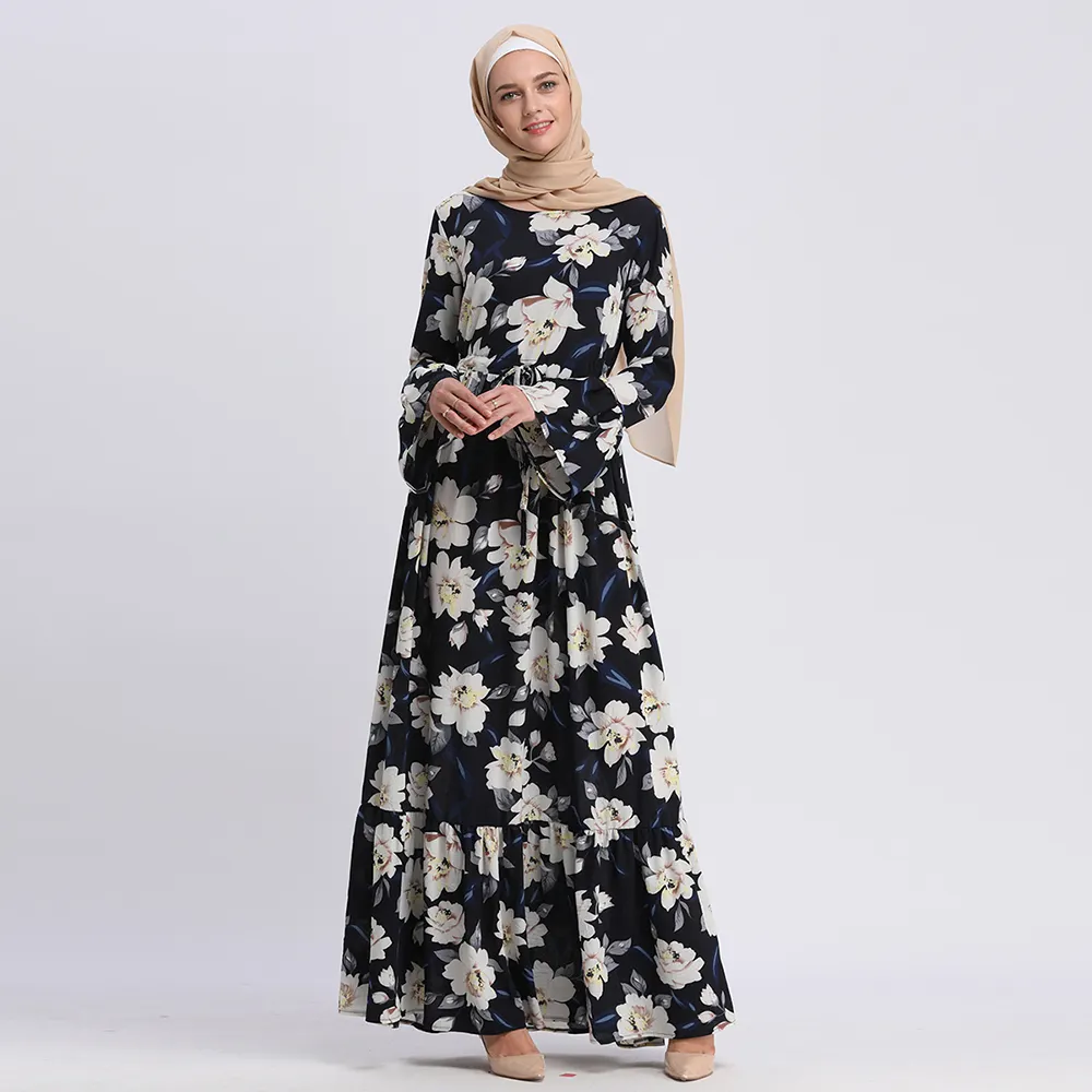 Goed Uitziende Turkse Kleding Mode Bloemen Gedrukt Zware Moslim Maleisië Baju Kurung Kralen Marokkaanse Katoen Kaftan Jurk