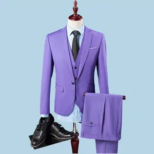 보라색 남성 슬림 맞는 이탈리아어 고품질 세 정장 세트 남성 프로모션 가격