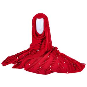 女性ドバイヒジャブソリッドパールロングプリーツイスラム教徒シフォンショールヒジャーブ - Product Image 1