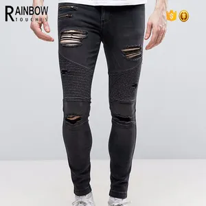 Calça jeans masculina super skinny, calça de motociclista preta com zíper
