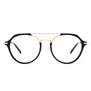 Meilleure vente double pont vintage acétate combiner montures de lunettes en métal montures optiques rondes ordinateur lunettes de lumière bleue