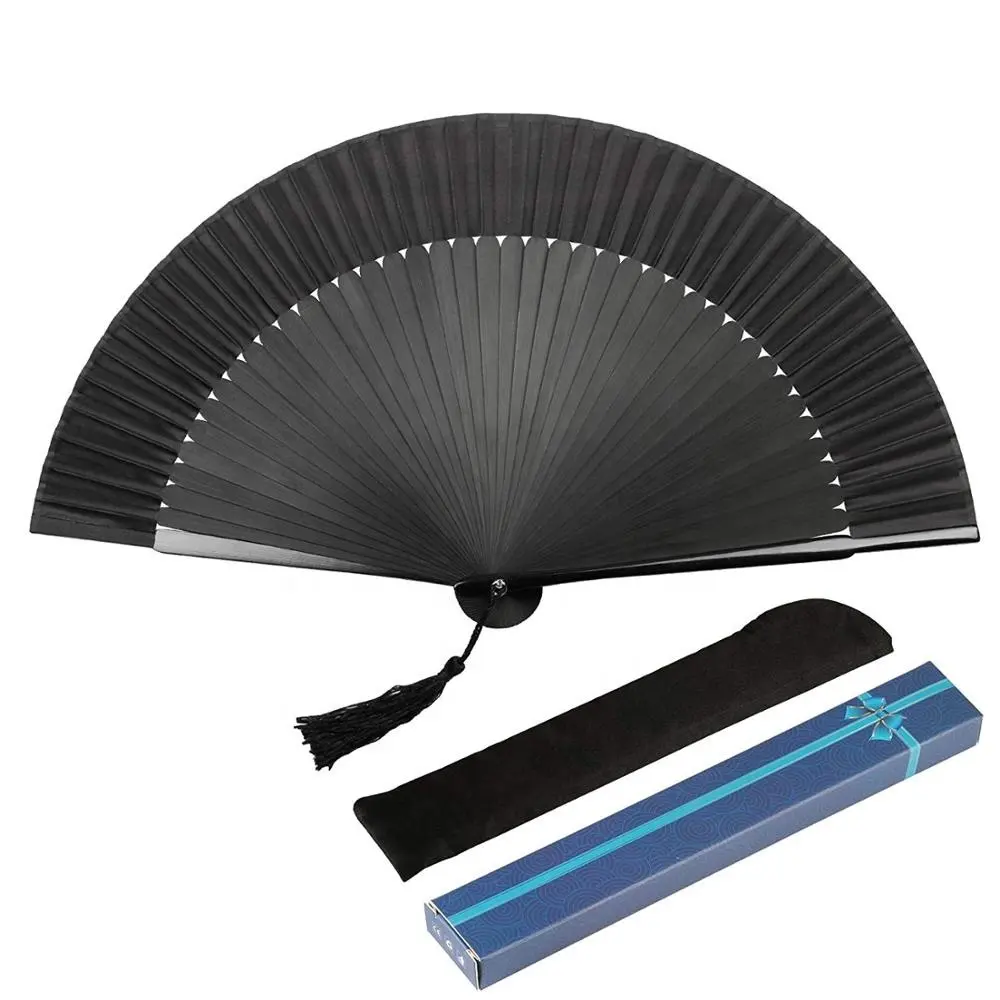 Black Silk Folded Hand Fan Bamboo Handheld Folding Fans with Gift Boxed Oriental Handmade for DIY Wall Decoration Wedding Party