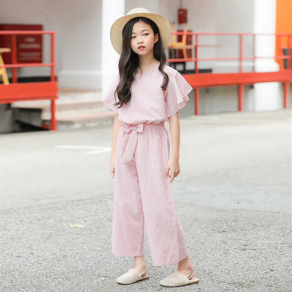 Sọc Trung Và Lớn Bé Gái Lỏng Quần Cotton Set Vải Cho Mùa Hè Trẻ Em Quần Áo Bán Buôn